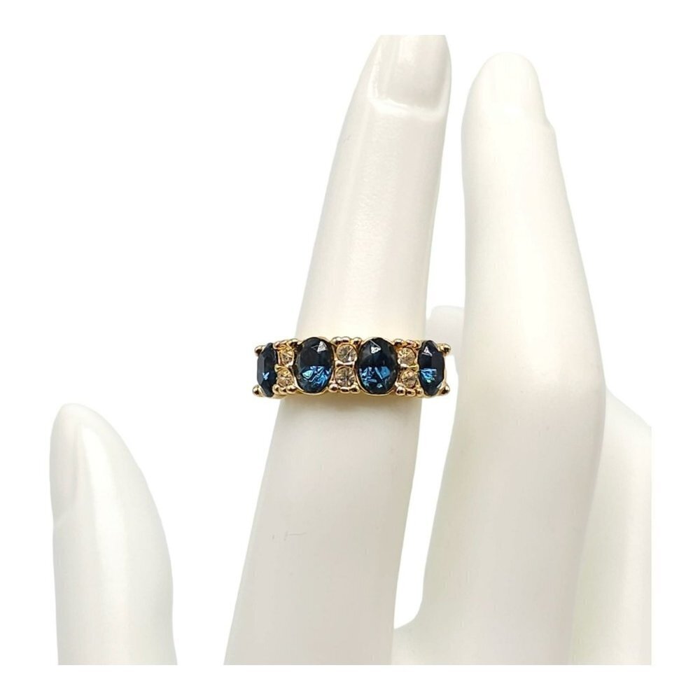 Blue Glass Rhinestone Cubic Zirconia Four-Stone Cocktail Ring Gold Tone Sze 5.25